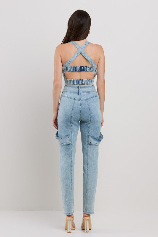 EYELET ATTACHED SLVLESS CROP TOP W/ MATCHING CROP PANTS SET