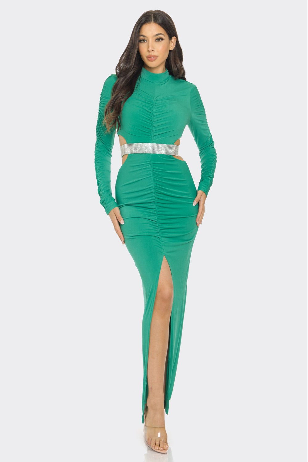 CENTER SLIT LONG SLEEVE SLIM LONG DRESS