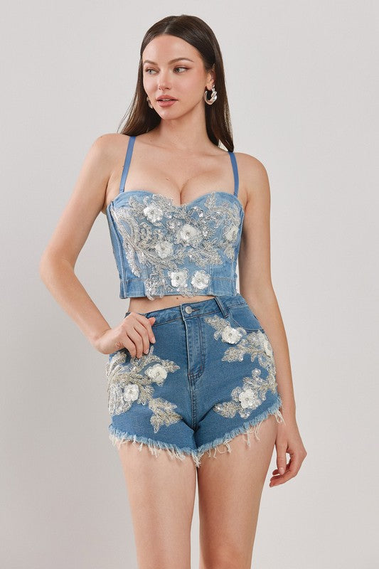 FLORAL PATCH DETAIL DENIM BUSTIER SETS