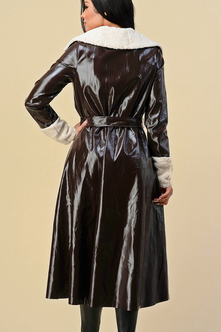 LONG GLOSSY FAUX LEATHER COAT