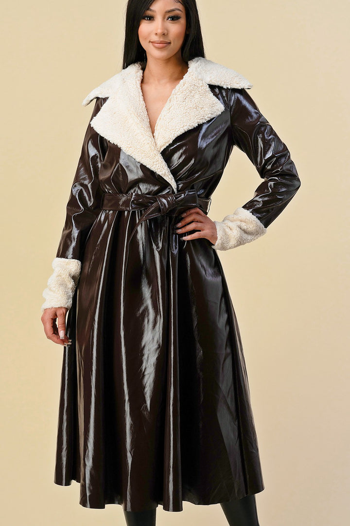 LONG GLOSSY FAUX LEATHER COAT