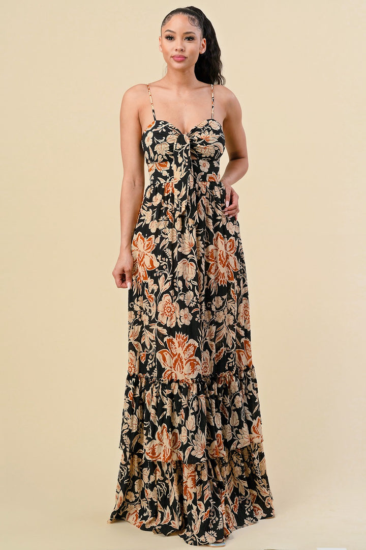 FLORAL PRINT RUFFLED STRAP SHOULDER MAXI DRESS