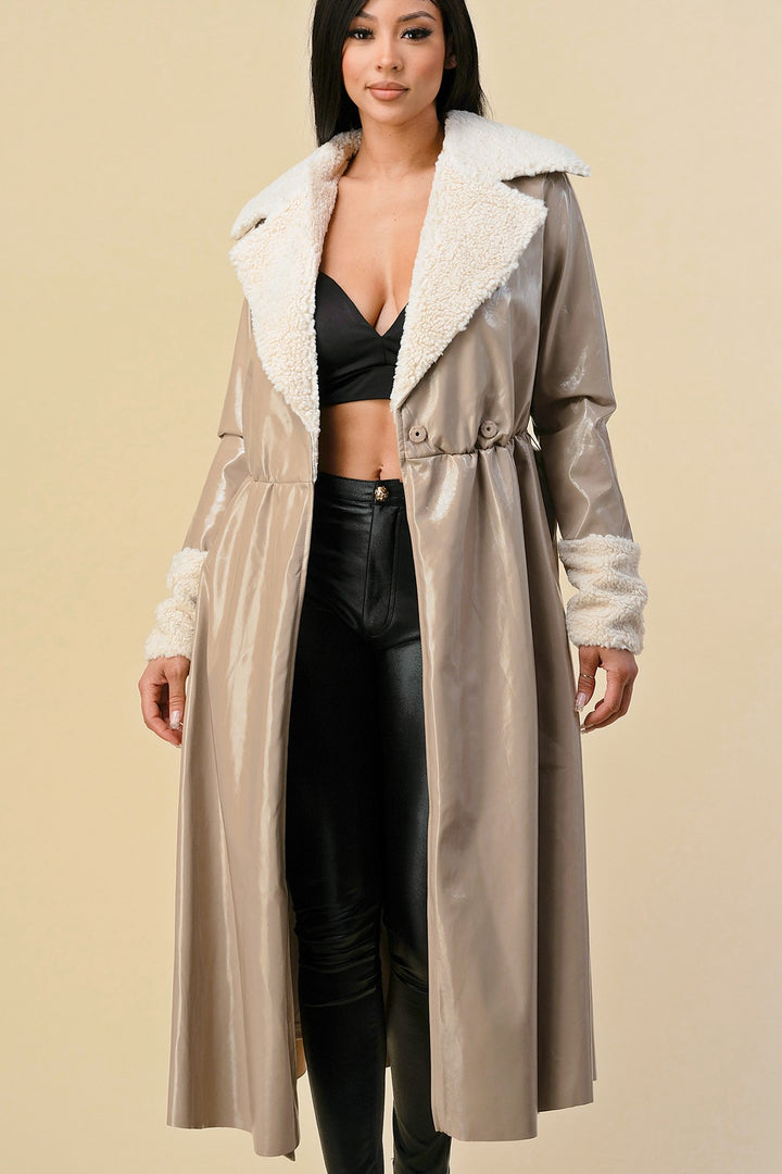 LONG GLOSSY FAUX LEATHER COAT