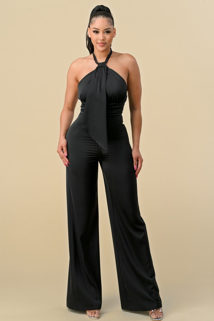 HALTERNECK FRONT RIBBON DETAIL CHAIN TRIM JUMPSUIT