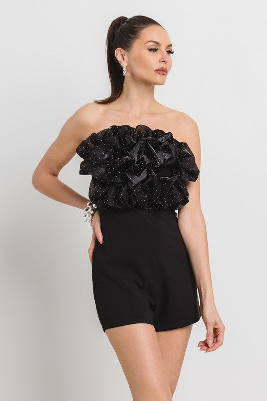 HOT FIX ATTACHED ORGANZA RUFFLE FRONT NIGHT OUT ROMPER