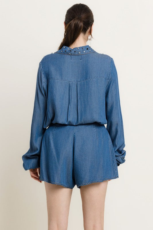 BUTTON FRONT LONG SLV EMBELLISHED SHIRT W/ SHORTS DENIM SET