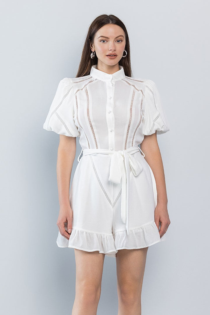 PUFF SLEEVE EYELET DETAIL ROMPER