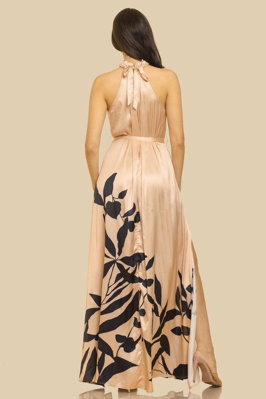 SHIRRED HALTER NECK SIDE SLIT LONG MAXI DRESS