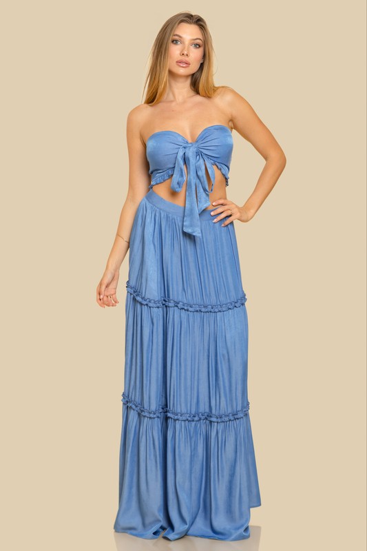 SWEET HEART NECKLINE CROP TOP W/ MATCHING TIERED MAXI SKIRT