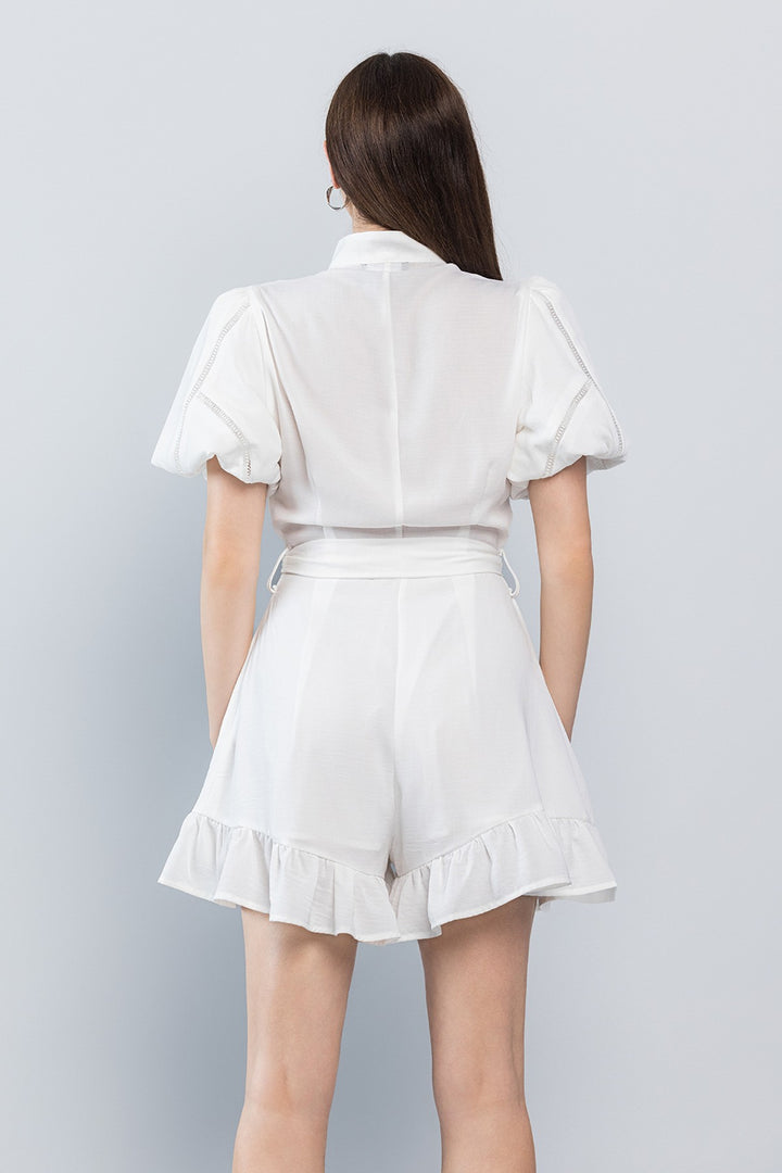 PUFF SLEEVE EYELET DETAIL ROMPER