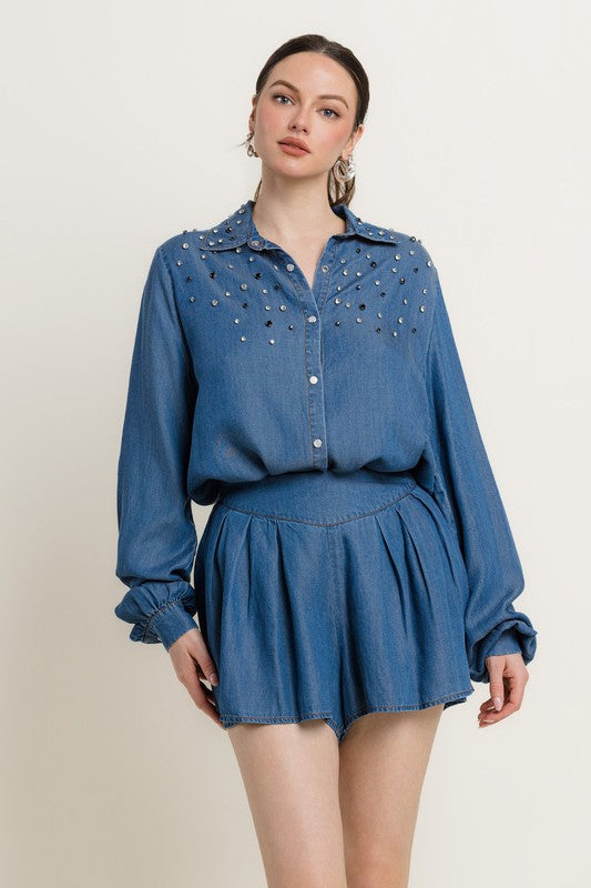 BUTTON FRONT LONG SLV EMBELLISHED SHIRT W/ SHORTS DENIM SET