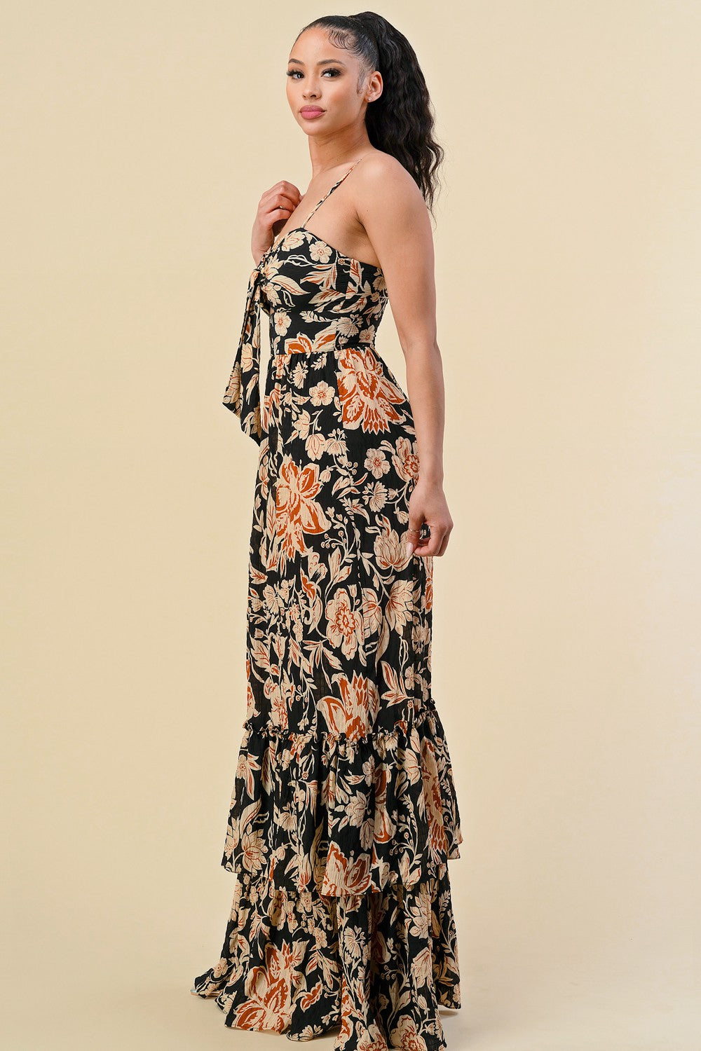 FLORAL PRINT RUFFLED STRAP SHOULDER MAXI DRESS