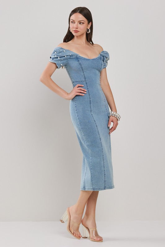 OFF-SHOULDER PLEATED PUFF SLV W/ PEARL EMBELLISHMENT FITED MIDI DENIM DRESS