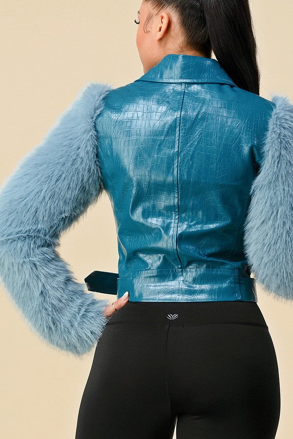 CROC MOTO JACKET WITH FAUX FUR ARMS