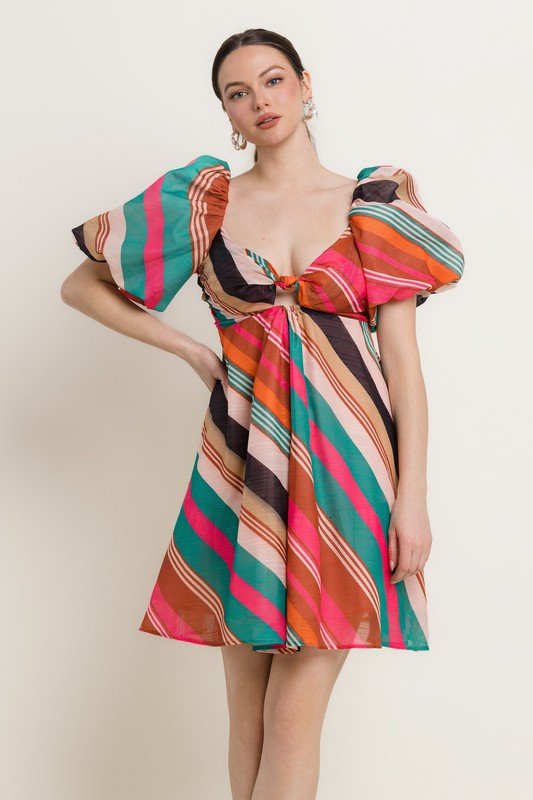 MULTI COLOR UNEVEN STRIPE SHORT SLV FIT & FLARE DRESS