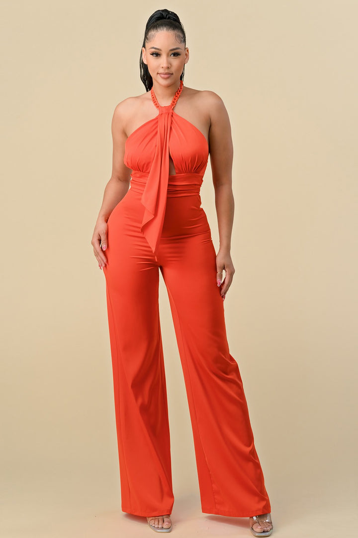 HALTERNECK FRONT RIBBON DETAIL CHAIN TRIM JUMPSUIT