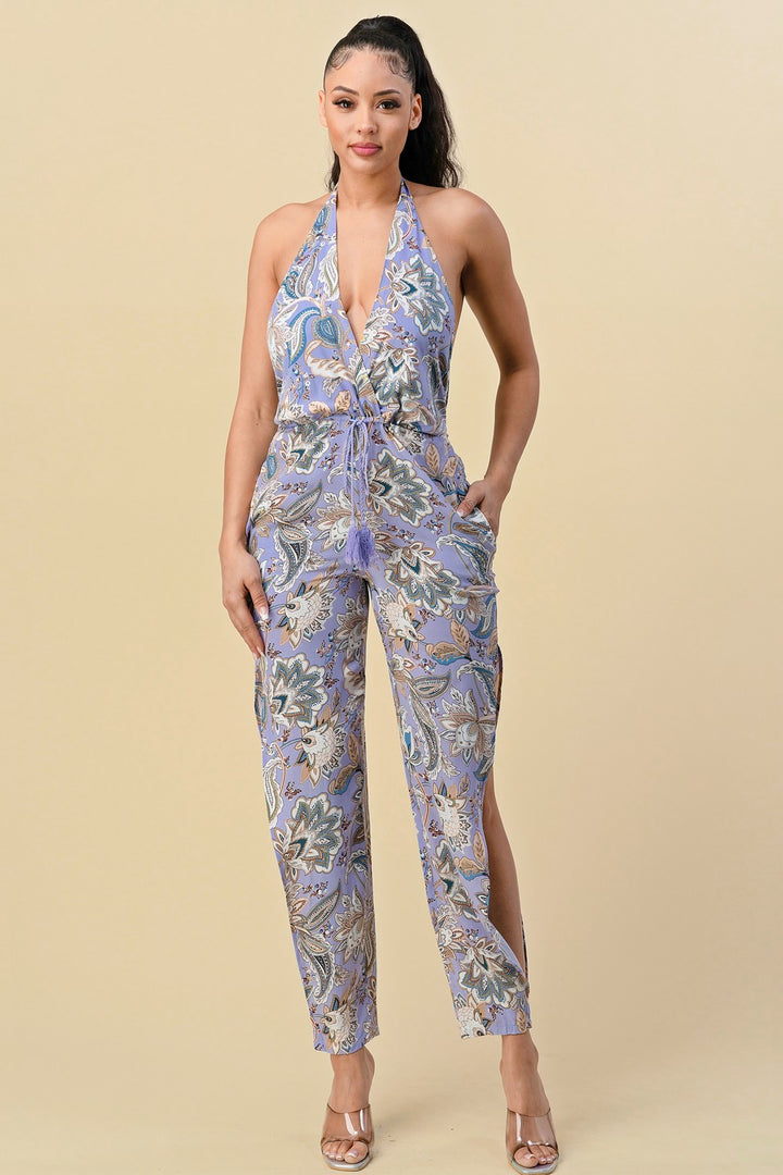 HALTER NECK TIE PRINT JUMPSUIT