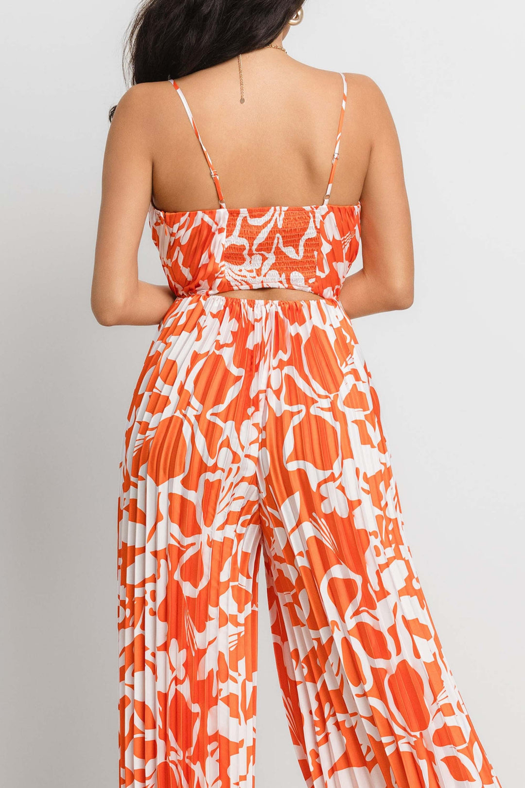 PRINTED V-NECK OPEN BACK PLEATED JUMPSUIT