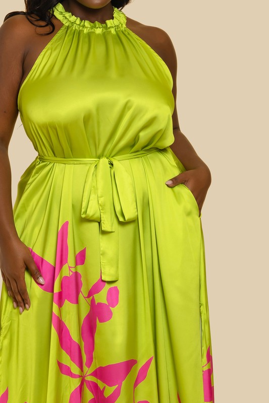 PLUS SHIRRED HALTER NECK SIDE SLIT LONG MAXI DRESS