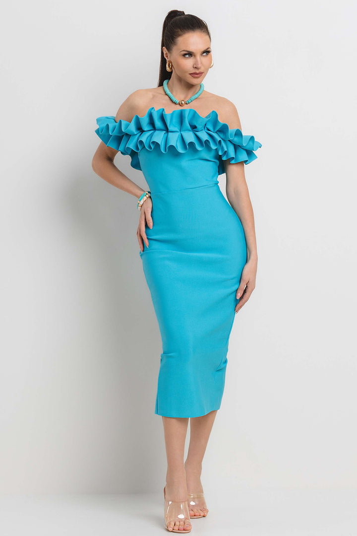 PLEATED RUFFLE OFF SHOULDER BANDAGE MIDI DRESS