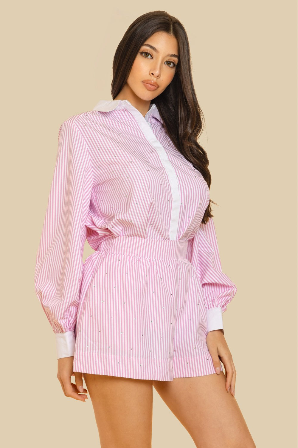 BUTTON DOWN LONG SLEEVE HOT FIX ATTACHED SHORTS SET