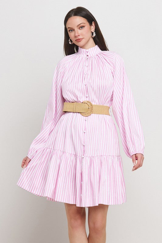 STRIPE BAND COLLAR BALLOON SLEEVE TIERED SKIRT DRESS