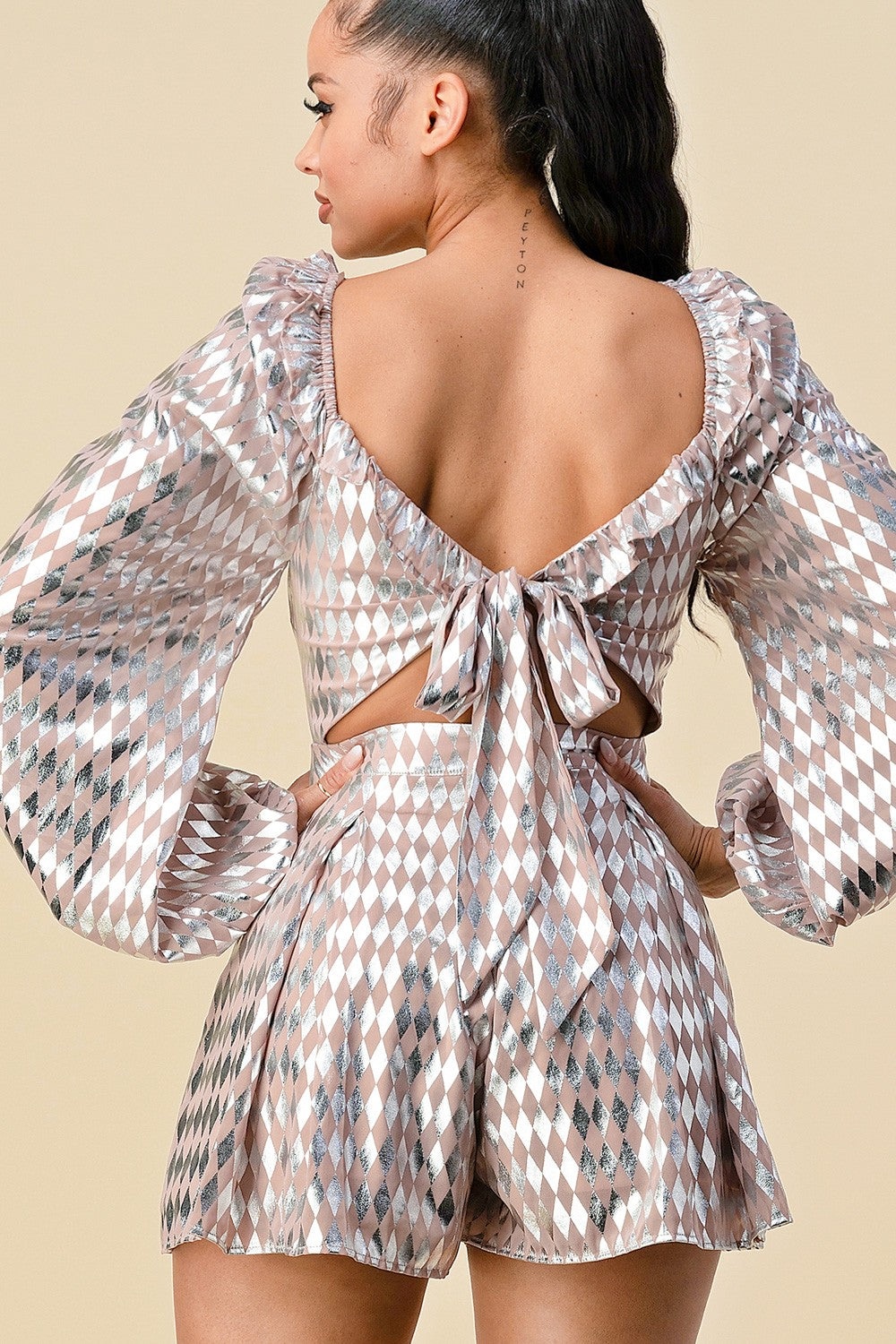 DIAMOND SHAPE PRINTED RIBBON DETAIL ROMPER