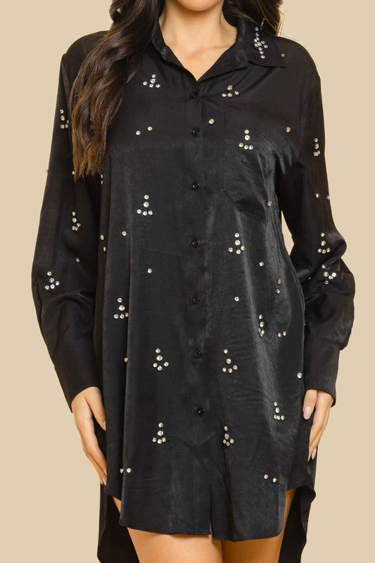 BUTTON FRONT LONG SLEEVE SHIRT DRESS W EMBELLISHME