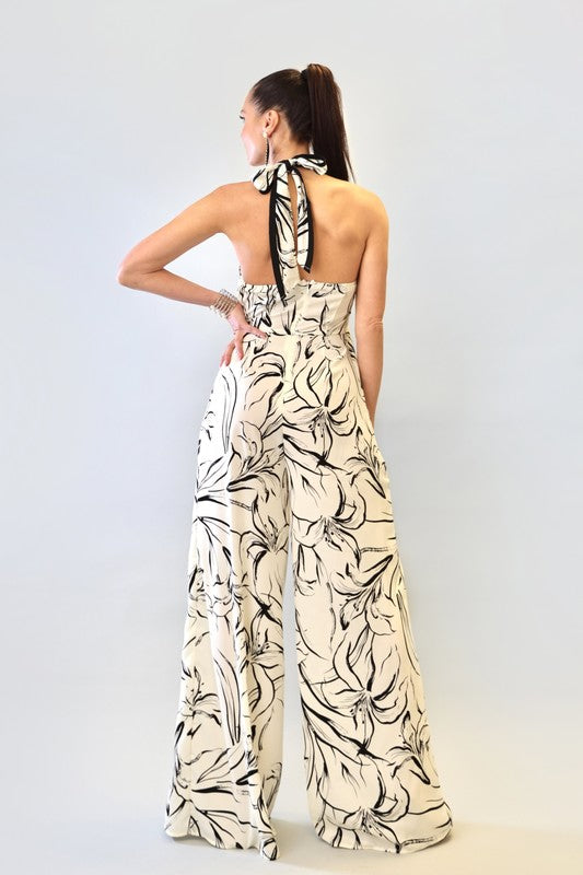 PRINT W CONTRAST BINDING HALTER NECK WIDE LEG JUMP