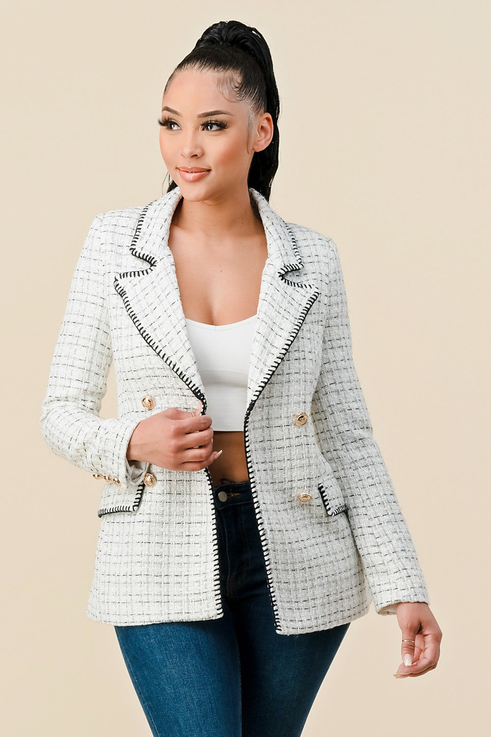 LONG SLEEVE BLAZER TWEED JACKET