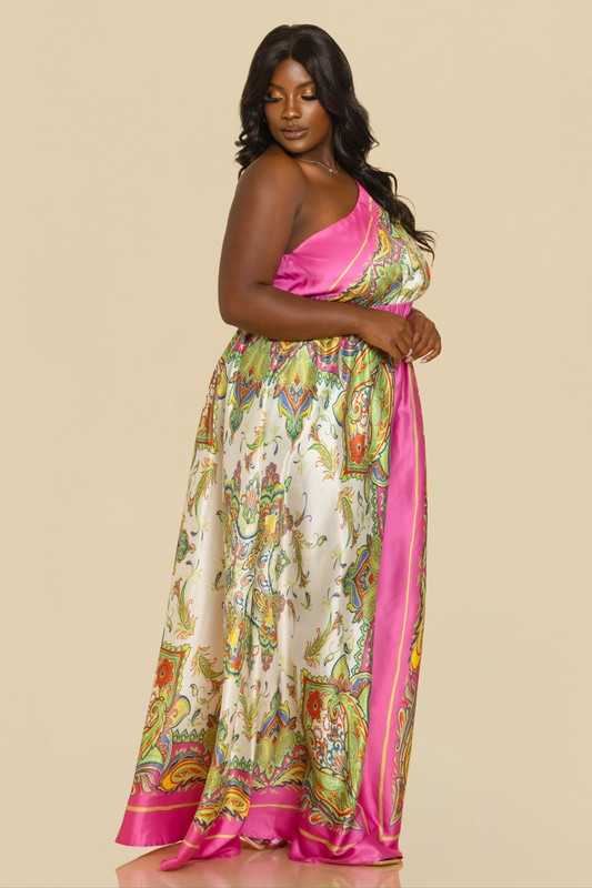 SATIN BORDER PRINT ONE SHOULDER MAXI DRESS PLUS