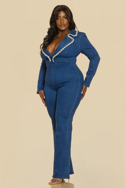 PLUS, NITE OUT EMBELLISHED NOTCHED COLLAR LONG SLV STRETCH DENIM JUMPSUIT