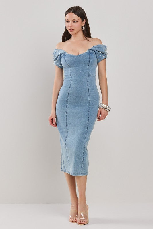 OFF-SHOULDER PLEATED PUFF SLV W/ PEARL EMBELLISHMENT FITED MIDI DENIM DRESS