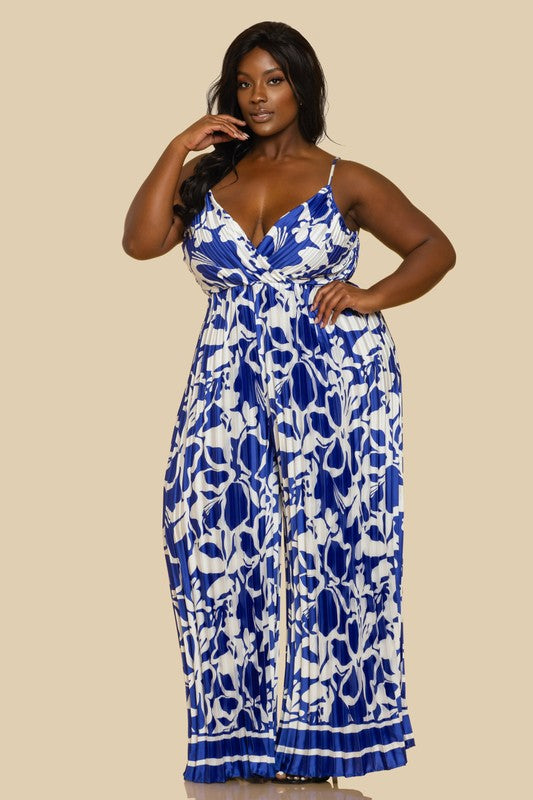 PLUS PRINTED V NECK OPEN BACK PLEATED JUMPSUIT