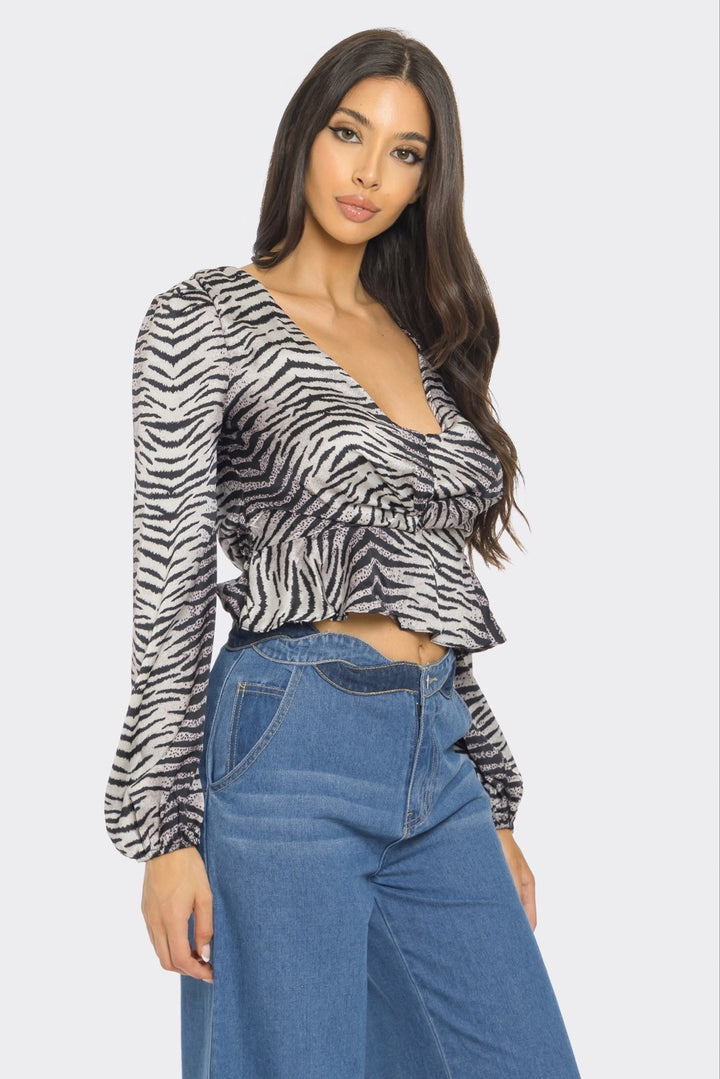 ZEBRA PRINT V-NECK LONG SLEEVE TOP