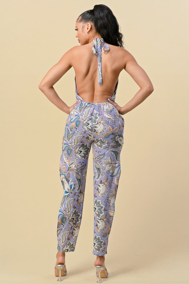 HALTER NECK TIE PRINT JUMPSUIT