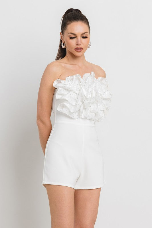 HOT FIX ATTACHED ORGANZA RUFFLE FRONT NIGHT OUT ROMPER