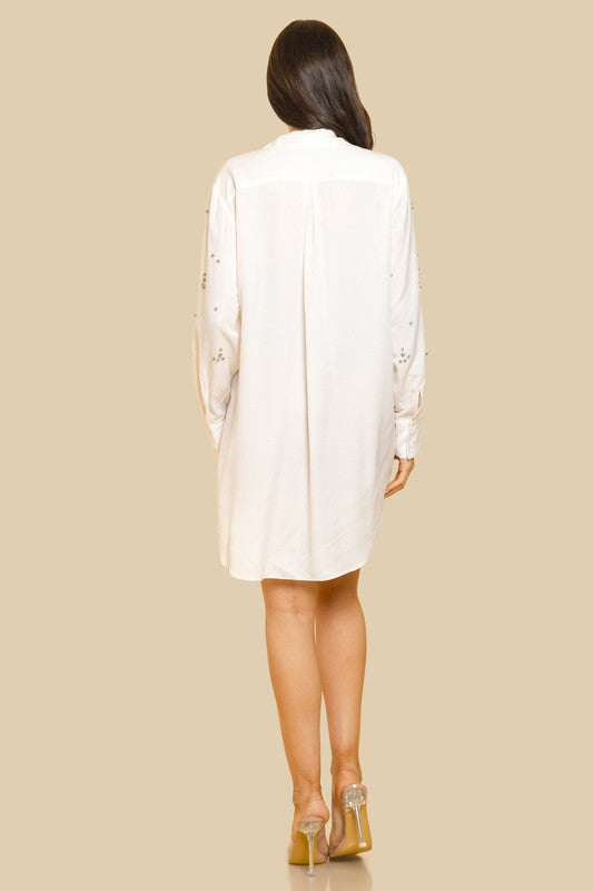 BUTTON FRONT LONG SLEEVE SHIRT DRESS W EMBELLISHME