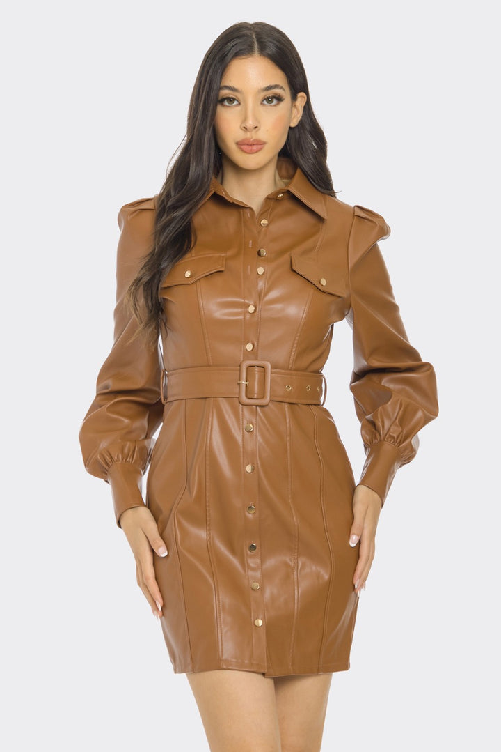 PU LEATHER LONG SLEEVE MINI DRESS