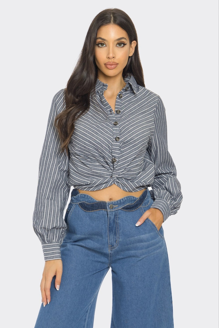 FRONT WAIST STRIPED CROP BLOUSE