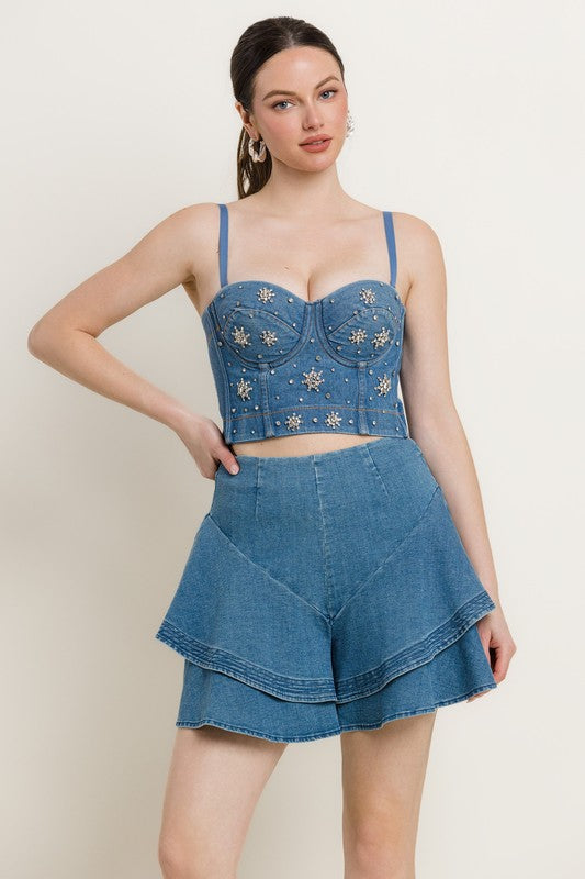 STAR RHINESTONE DETAIL DENIM BUSTIER