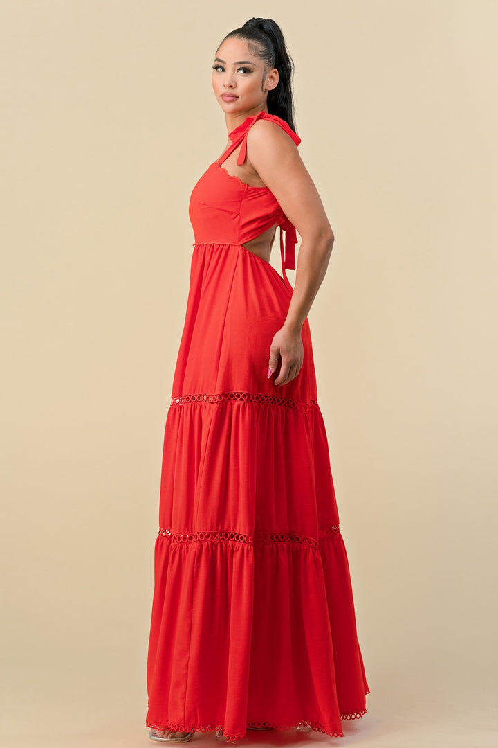 SHOULDER TIE SCALLOP MAXI DRESS