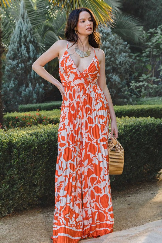 PRINTED V-NECK OPEN BACK PLEATED JUMPSUIT