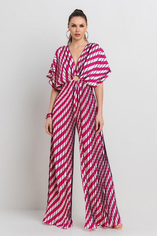 V-NECK DROP SHOULDER W/ O-RING ATTACHED PLEATED JUMPSUIT