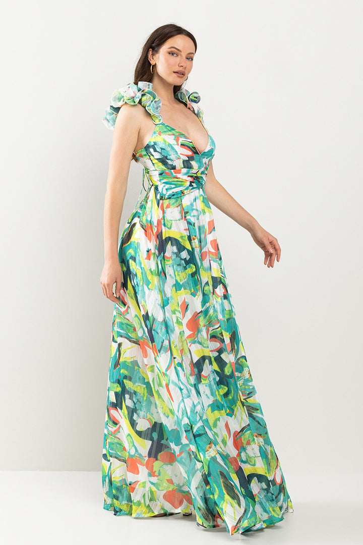 RUFFLED SHOULDER MAXI DRESS