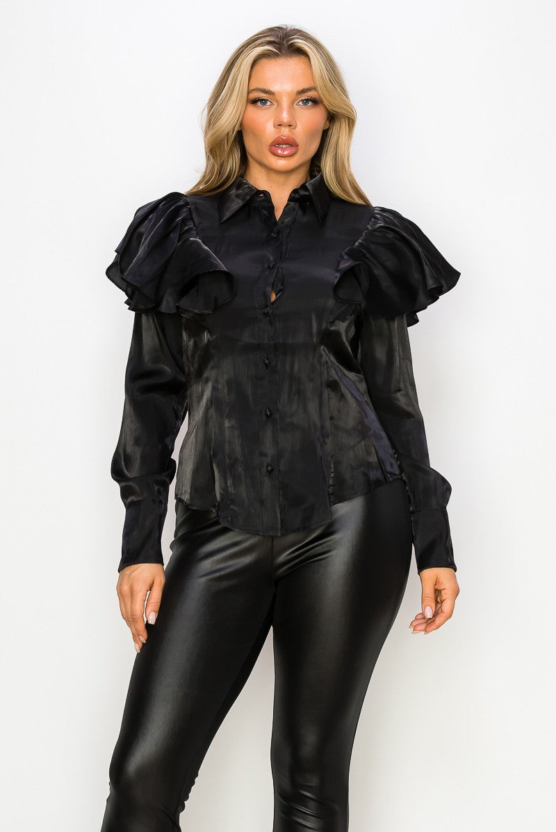 SHOULDER RUFFLES LONG SLEEVE BLOUSE