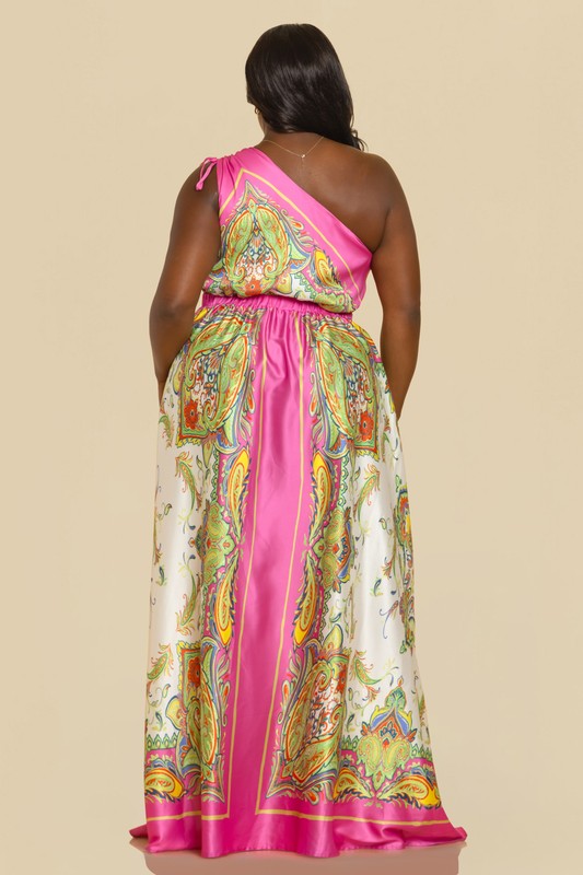 SATIN BORDER PRINT ONE SHOULDER MAXI DRESS PLUS