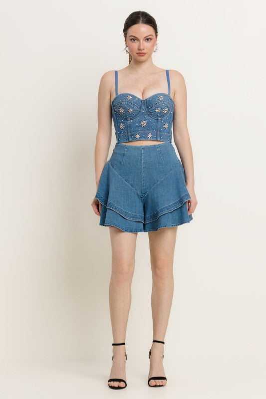 STAR RHINESTONE DETAIL DENIM BUSTIER