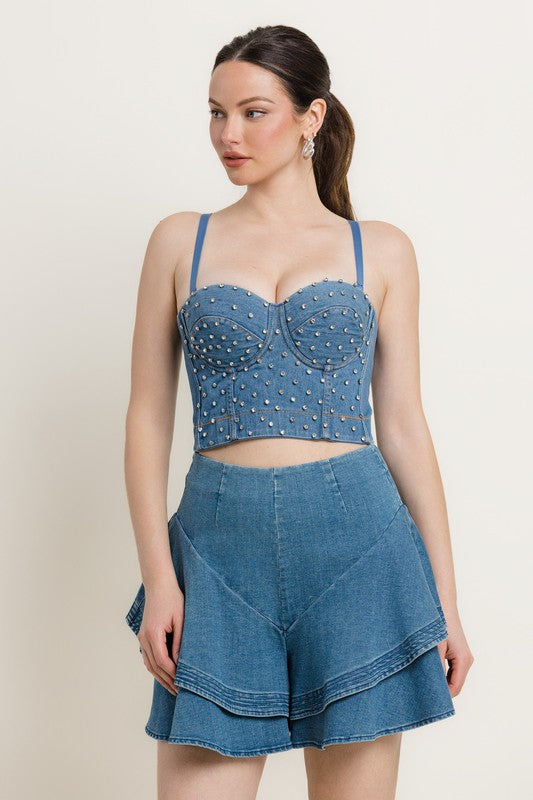 RHINESTONE DETAILS DENIM BUSTIER