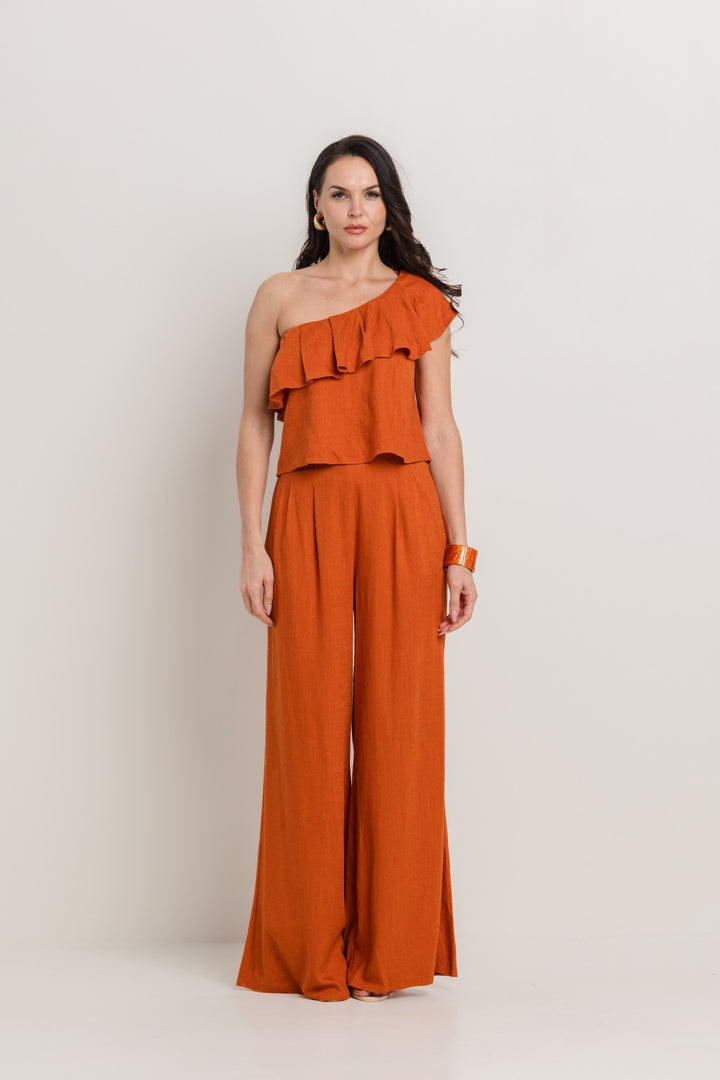 LINEN ONE SHOULDER RUFFLE DETAIL PANTS SETS